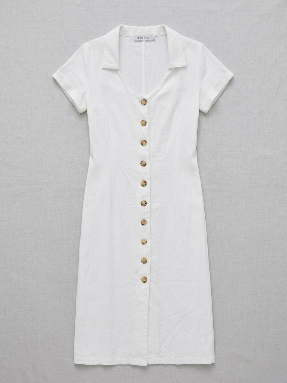 MISSLOOK White Short-Sleeve Button-Front Midi Dress